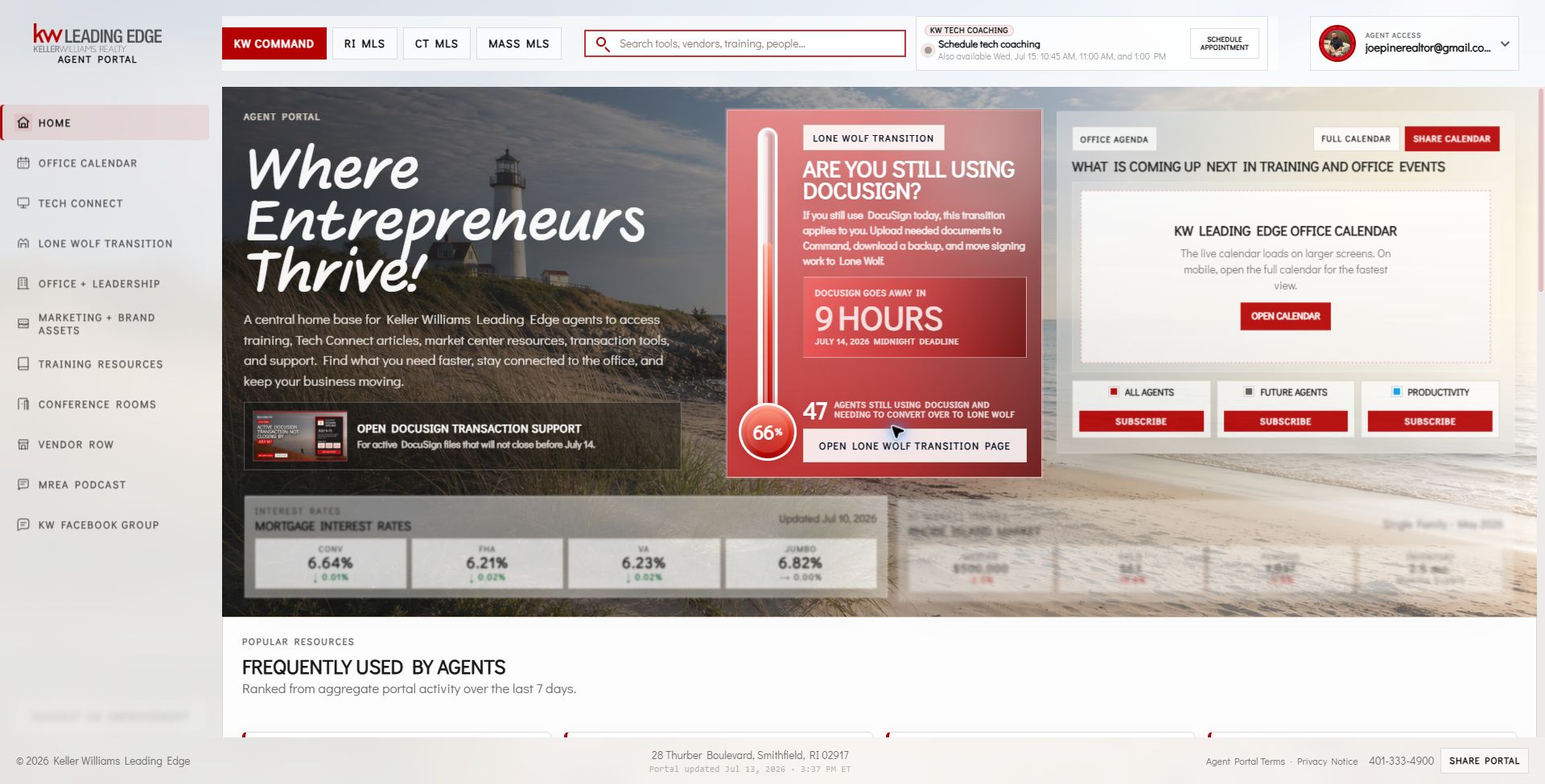 KW Leading Edge Agent Portal with the KW Command button in the top navigation