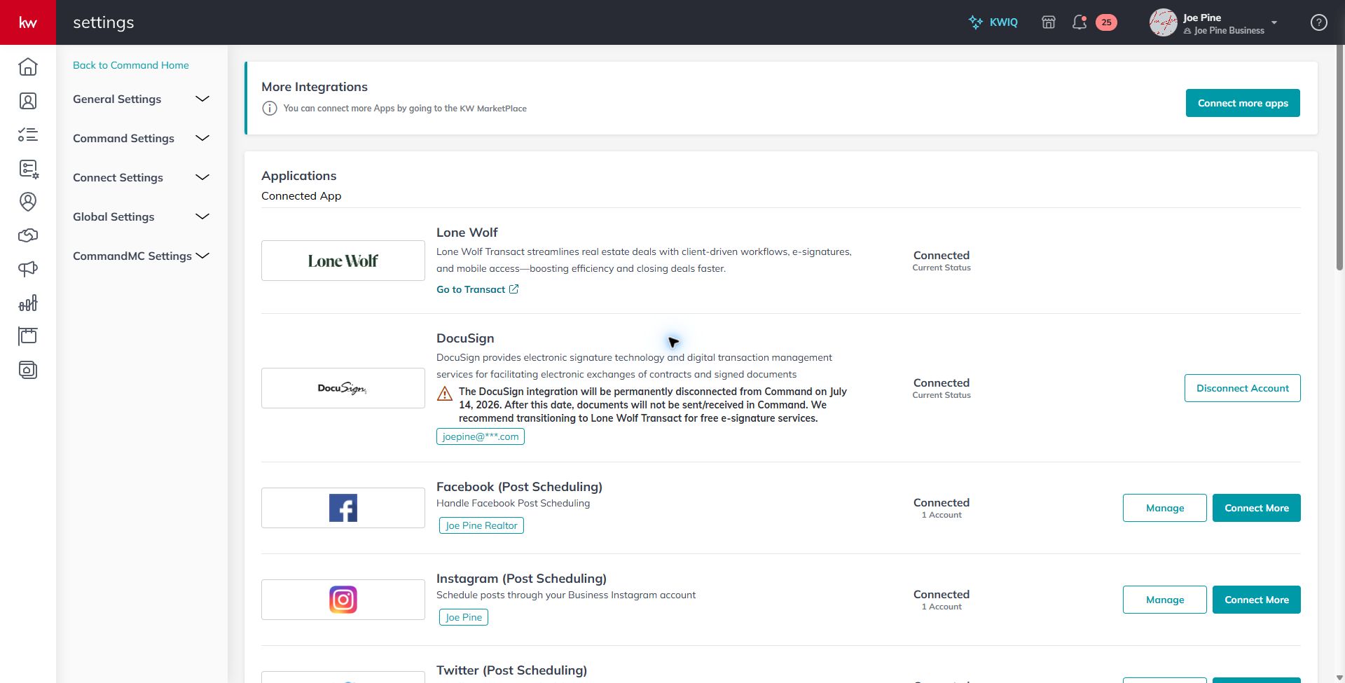 Command Settings showing the Lone Wolf connected application and Go to Transact link