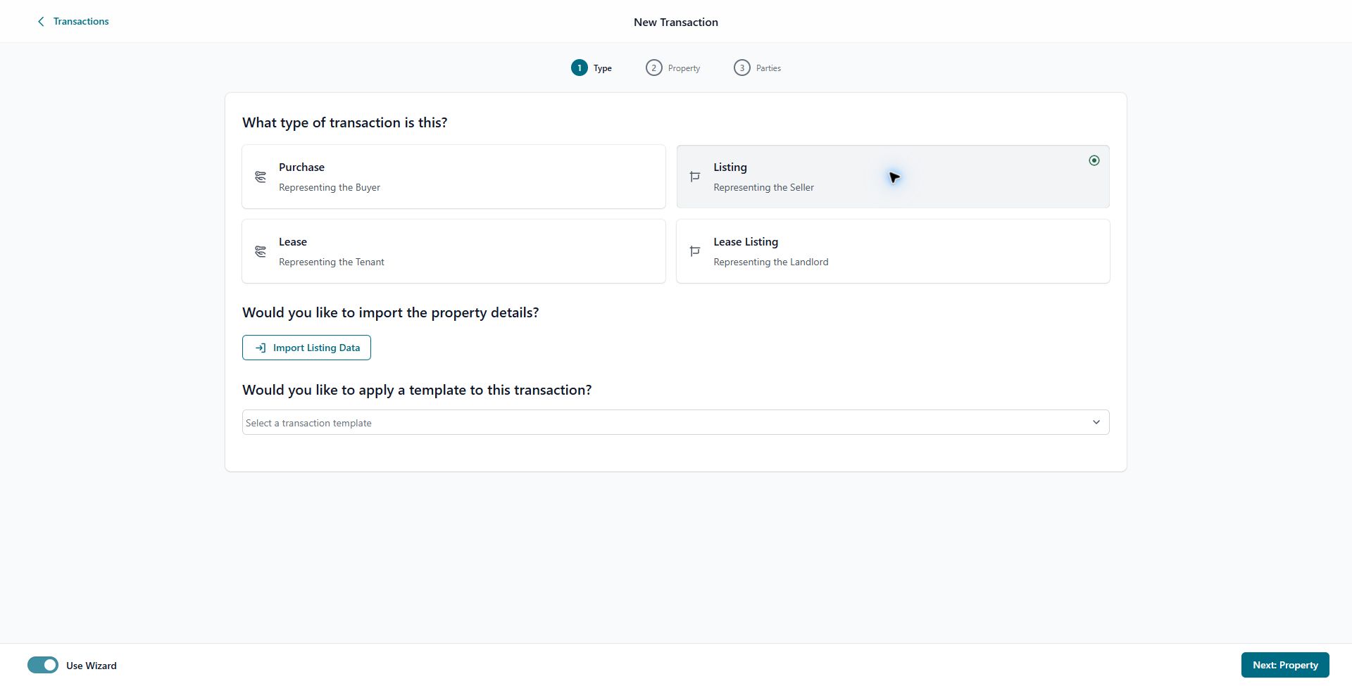 New Transaction screen with Listing selected