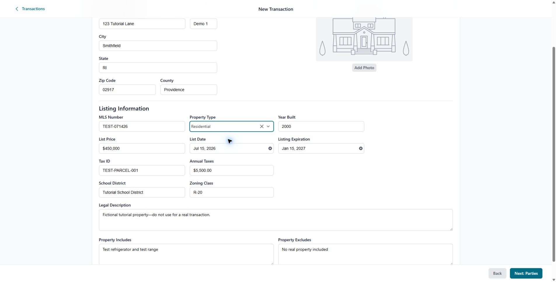 Listing Property screen filled with tutorial property information