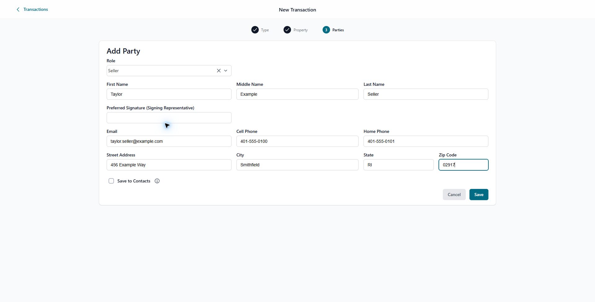 Add Party screen with example seller information