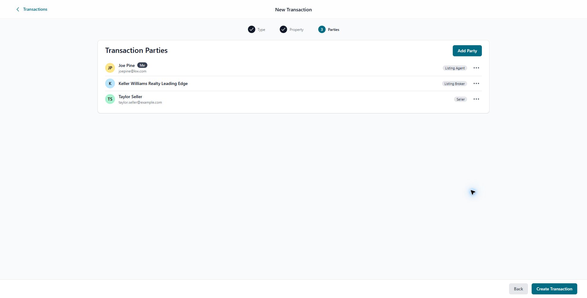 Transaction Parties screen with the example seller added