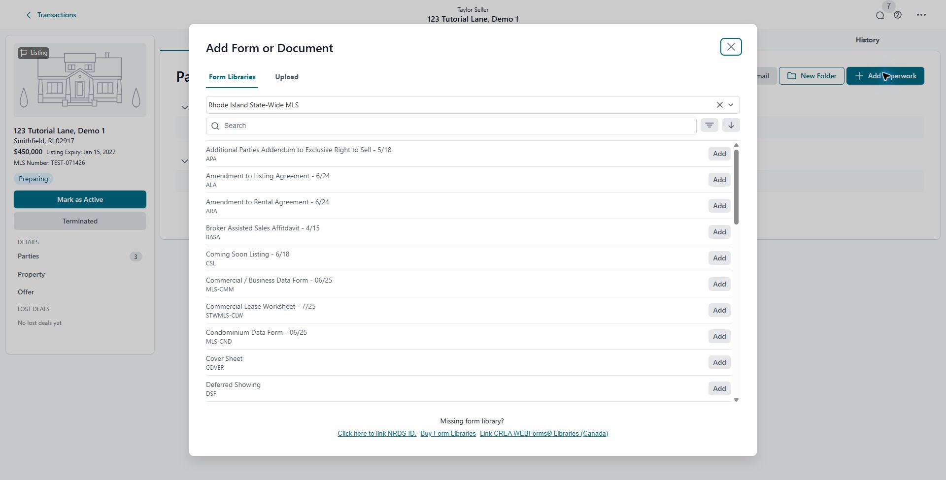 Add Form or Document dialog with Form Libraries selected