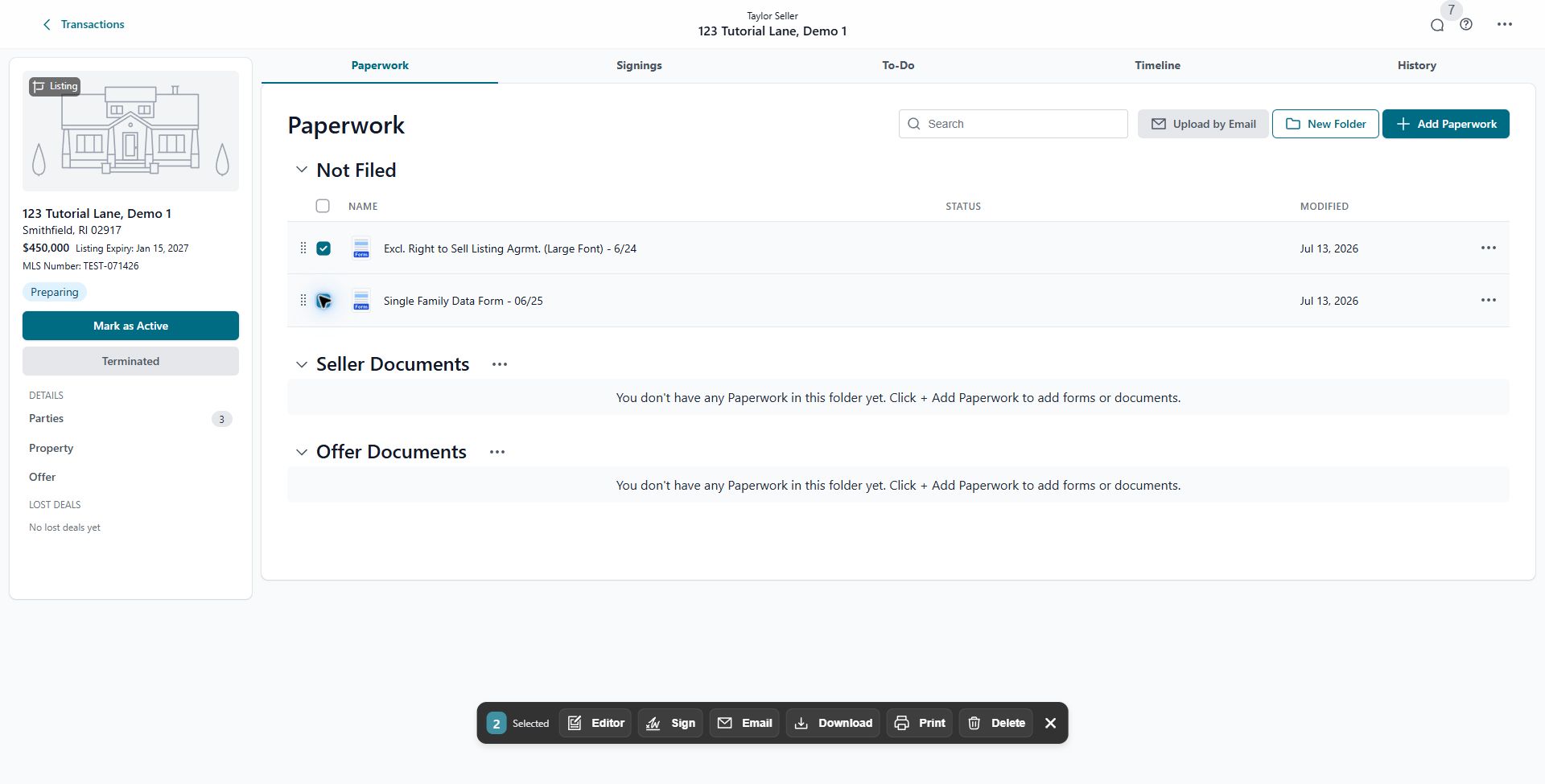 Paperwork forms selected with the Editor action available
