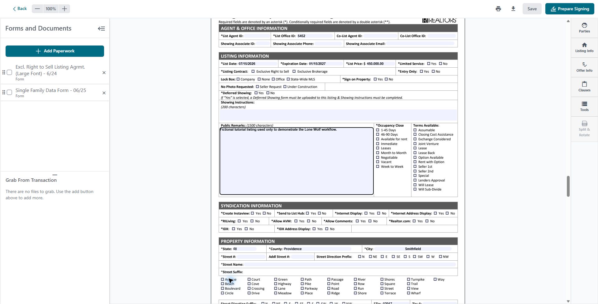 Lone Wolf Forms Editor with example listing information
