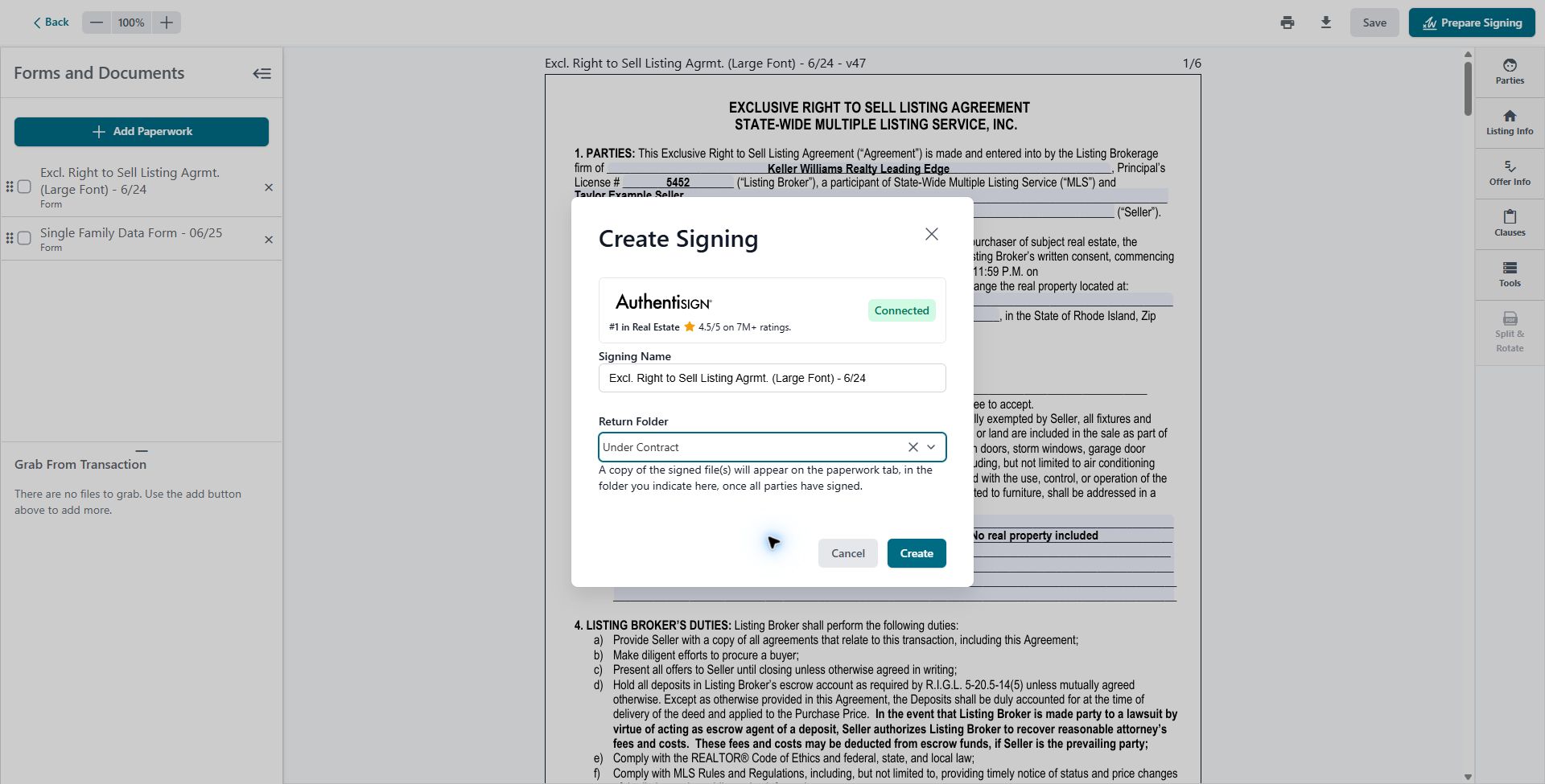 Create Signing dialog with Under Contract selected as the return folder