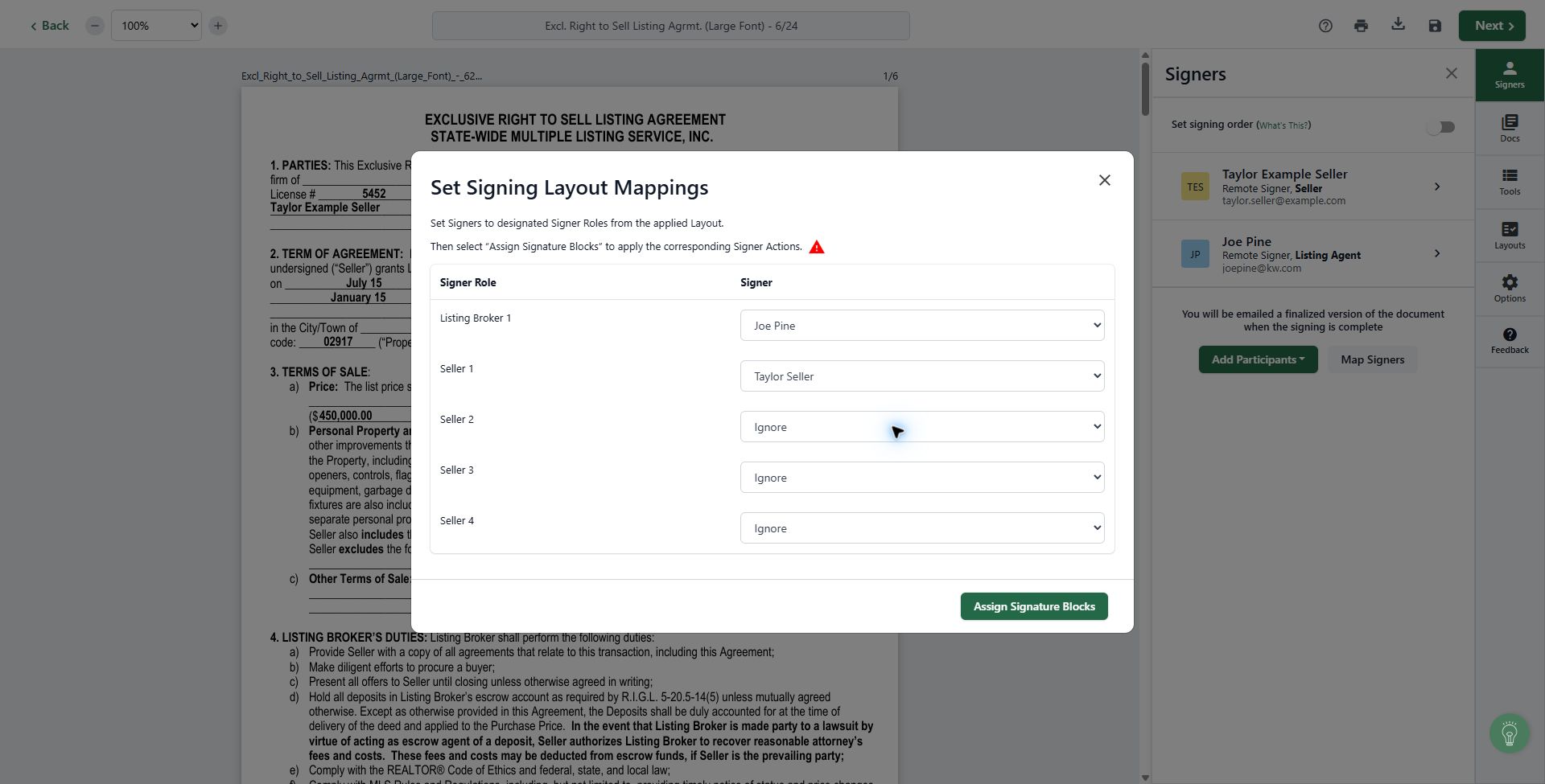 Set Signing Layout Mappings dialog with seller and listing broker assigned