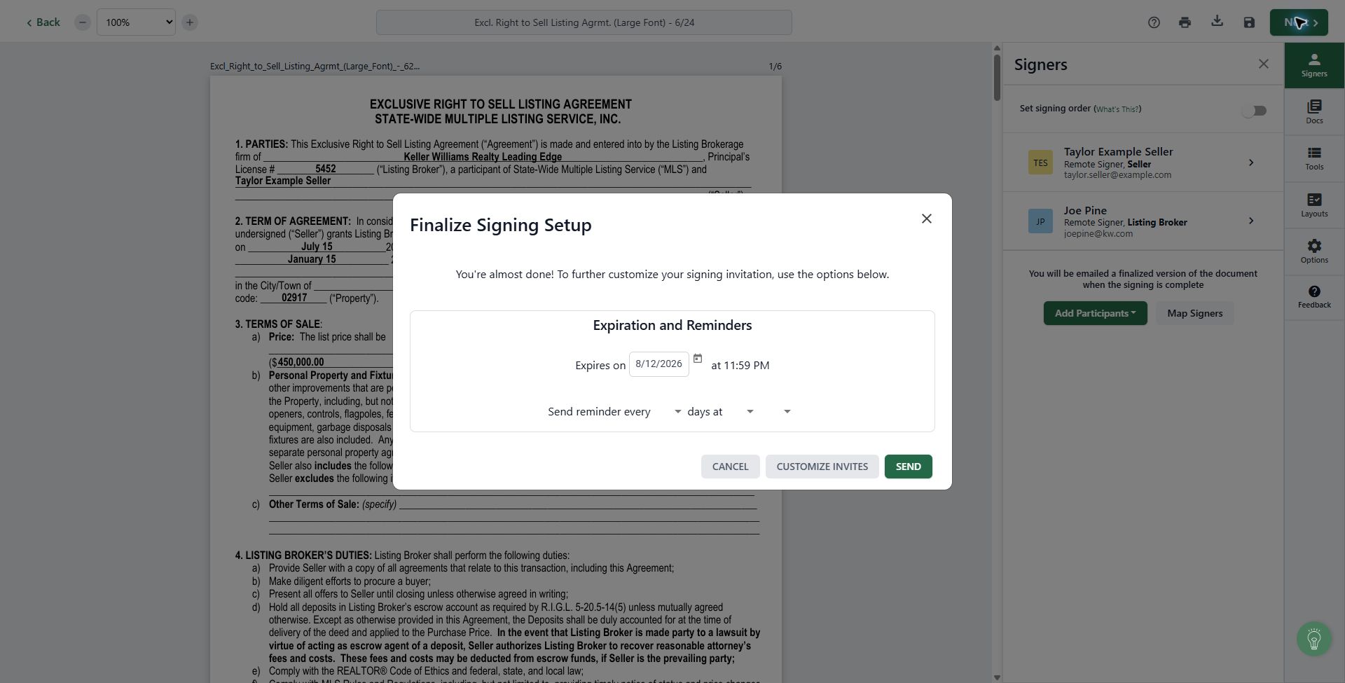 Finalize Signing Setup dialog before sending