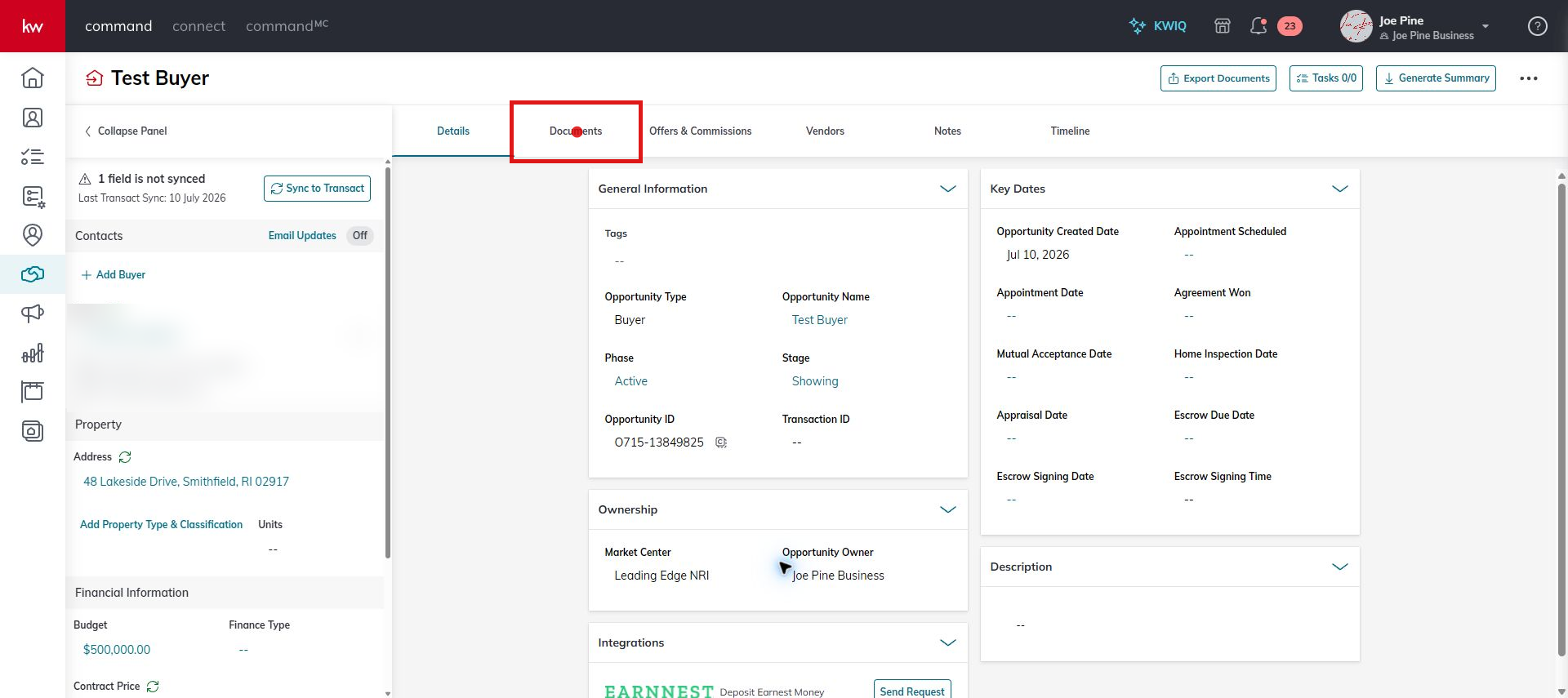 Command Opportunity with the Documents tab highlighted