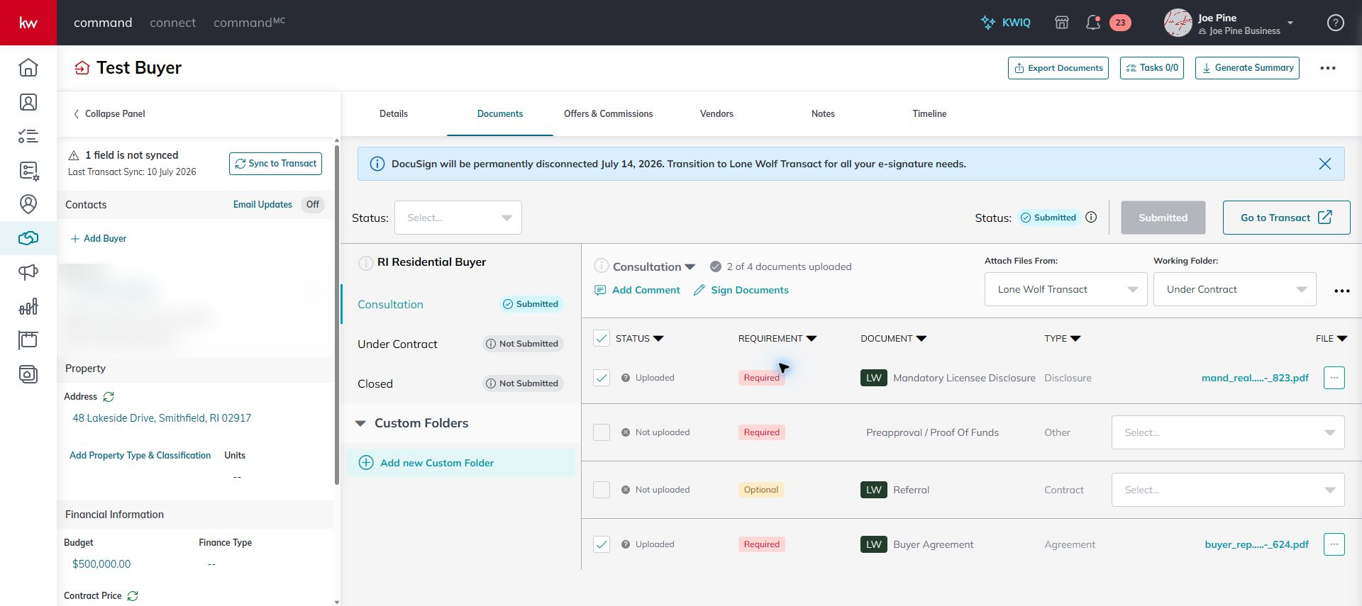 Command showing a successful Market Center compliance submission