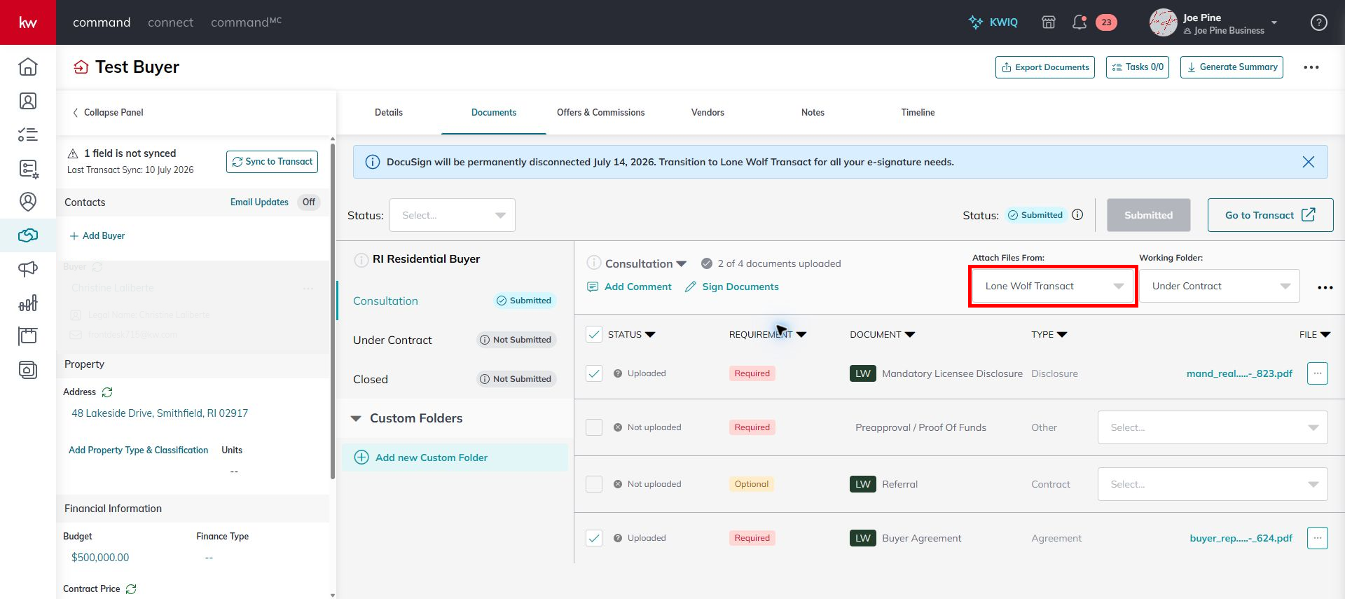 Command compliance checklist with the Attach Files source menu highlighted
